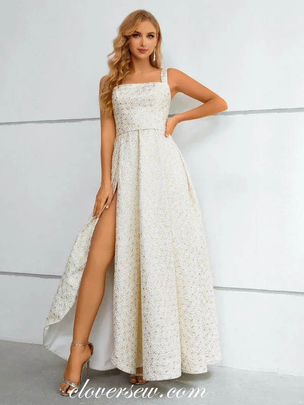 Shop Early, Save Big!White Satin Gold Lace Square Neck A-line Side Slit Prom Dresses, CP0913