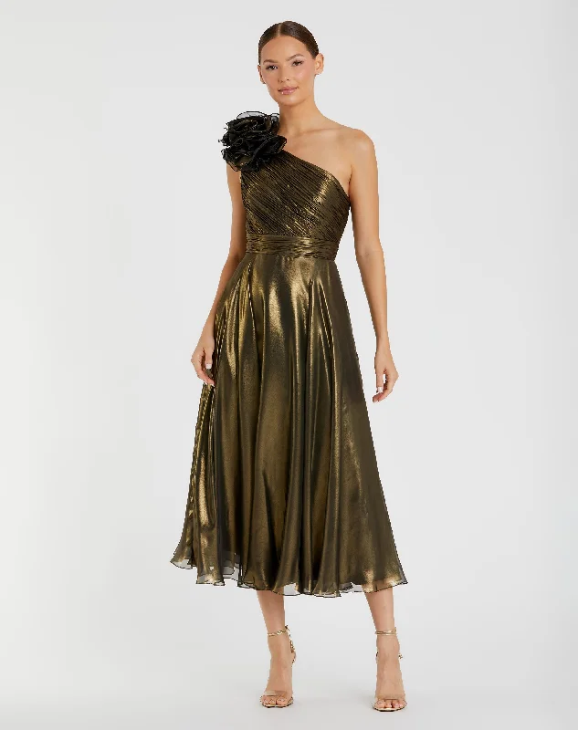 Save Like Never Before!Rosette One Shoulder Tea Length Dress