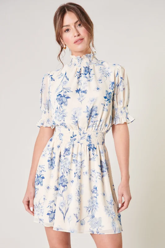 Incredible Savings Inside!April Blue Floral Mock Neck Mini Dress