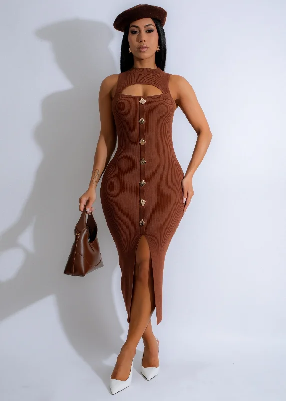 One Day Only – Huge Savings!Aria Keyhole Knit Ribbed Midi Dress Brown