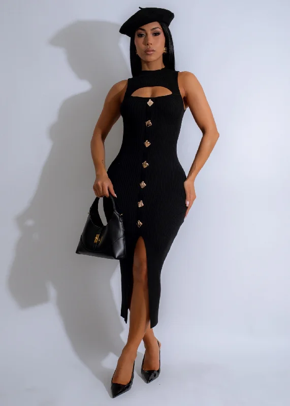 Get It Before It’s Gone!Aria Keyhole Knit Ribbed Midi Dress Black