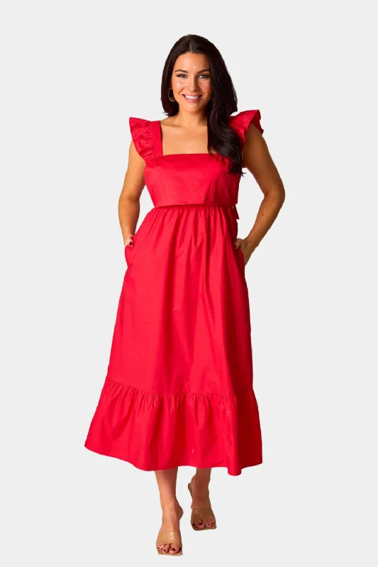Limited Time Offer!Beverly Ruffle Sleeve Midi Dress - Red