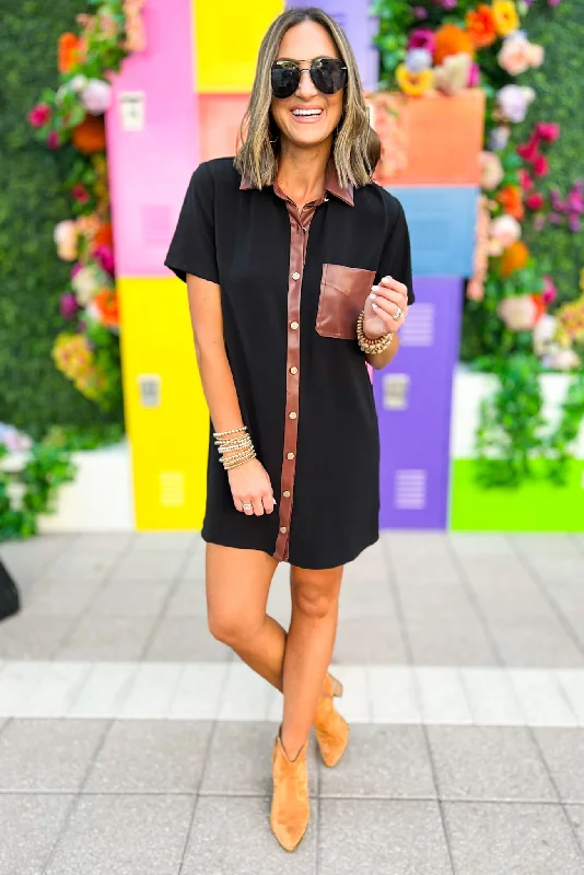 Enjoy Huge Discounts Now!Black Brown Faux Leather Detail Collared Button Up Dress