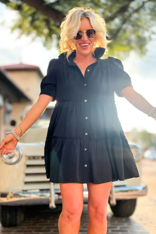 Flash Sale – Act Fast!Black Bubble Sleeve Button Down Ruffle Tiered Dress