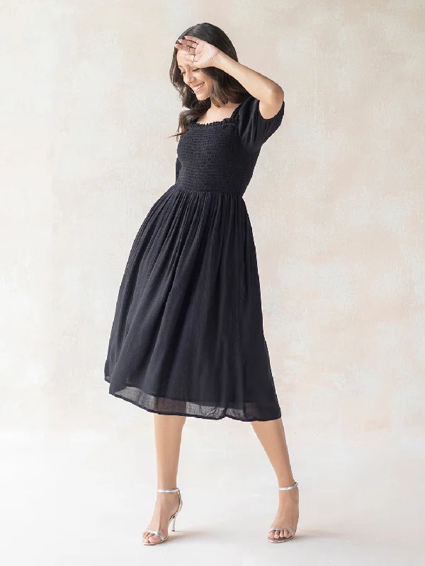 Save More with Every Purchase!Black Crinkled Smocked Midi Dress