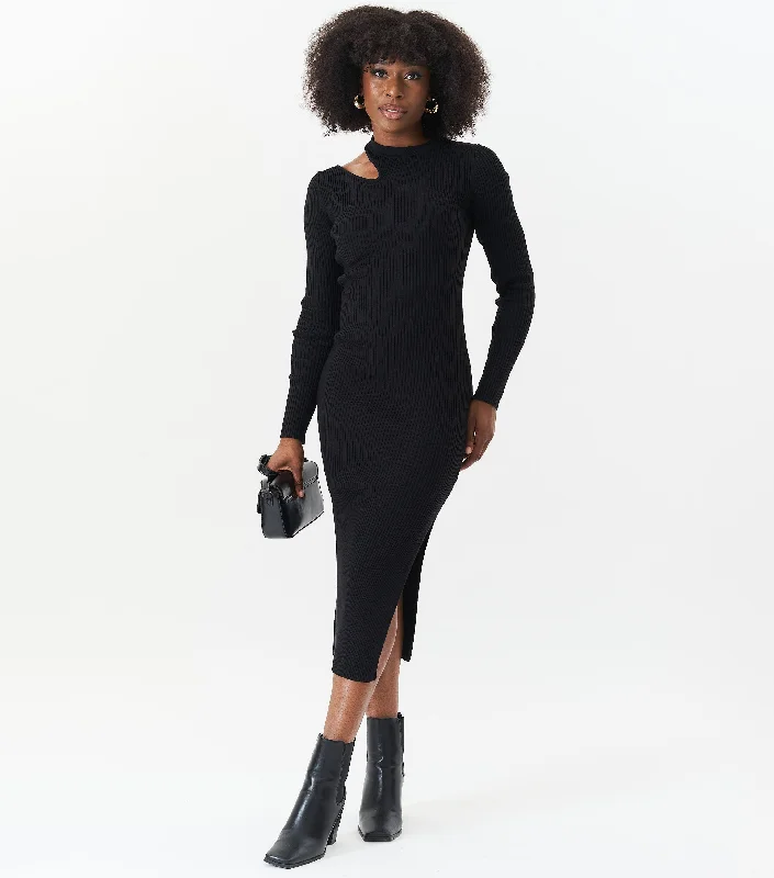 Your Favorite Items on Sale Now!Black Cut Out Rib Knit Bodycon Midi Dress