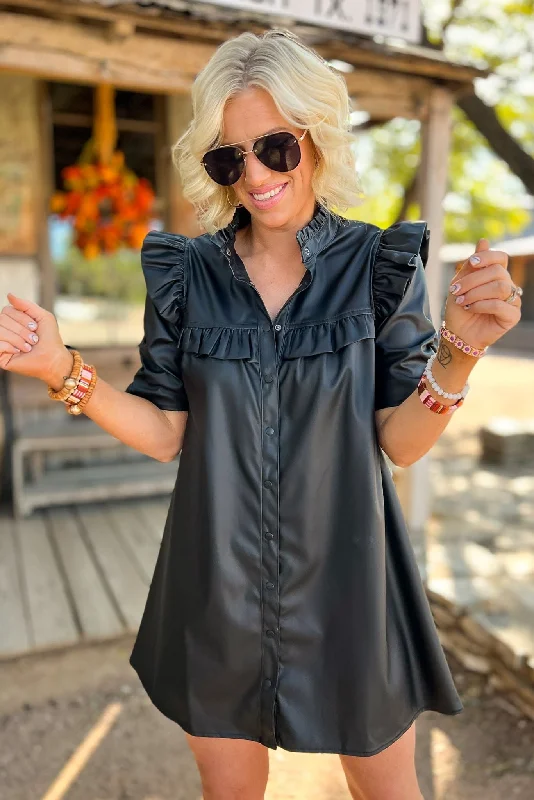 Save Money, Shop Happy!Black Faux Leather Ruffle Hem Button Up Dress