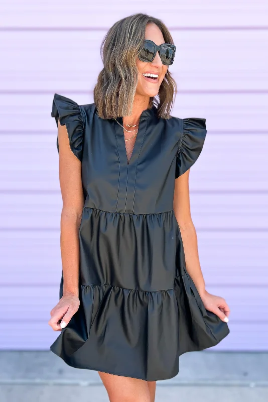 Bigger Savings, Better Shopping!Black Faux Leather V Neck Ruffle Sleeve Tiered Dress