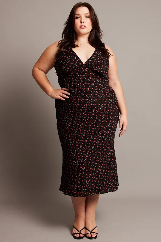 Upgrade for Less!Black Floral Midi Dress Sleeveless V-neck