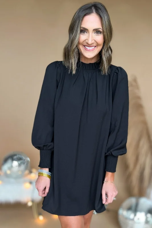 Get More, Spend Less – Shop Now!Black Frill Mock Neck Bubble Long Sleeve Shift Dress