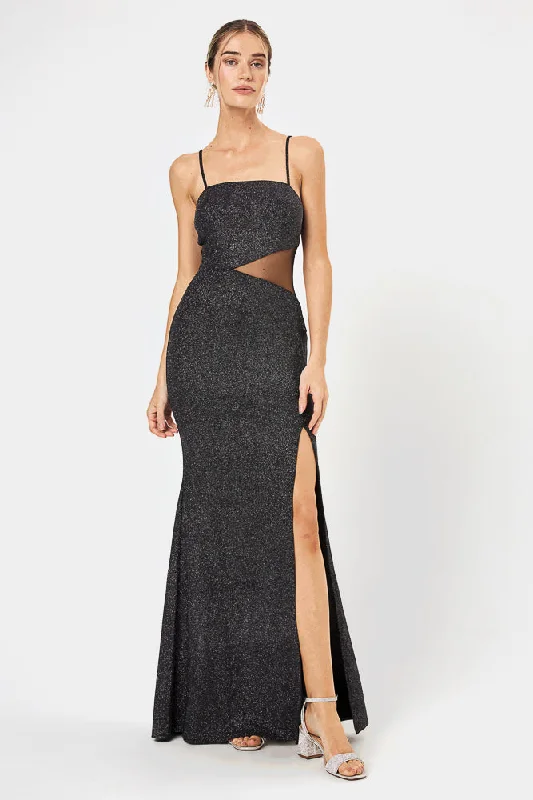 Your Discount is Waiting!Black Glitter Side Cut-Out Gown