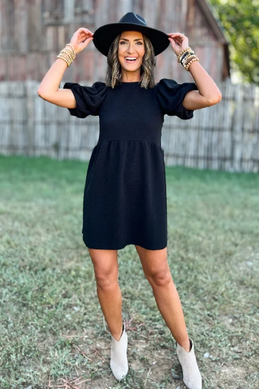 Special Offer – Act Fast!Black Puff Short Sleeve Back Ribbon Bow Tie Dress