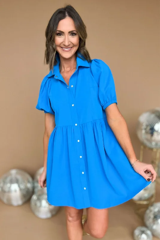 The Best Deals Won’t Wait!Blue Pearl Snap Collared Puff Sleeve Button Down Dress