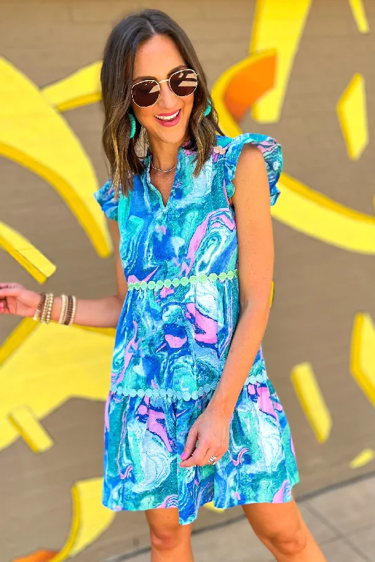 Your Shopping Wish, Our Discount Command!Blue Swirl V Neck Flutter Sleeve Tiered Dress