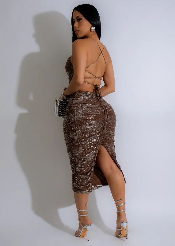 Get More, Spend Less – Shop Now!Bronze Serenade Velvet Ruched  Midi Dress Brown