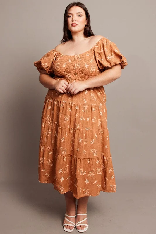 Snag the Best Prices Now!Brown Abstract Midi Dress Short Sleeve Shirred