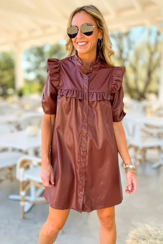 Your Shopping Spree Starts Here!Brown Faux Leather Ruffle Hem Button Up Dress