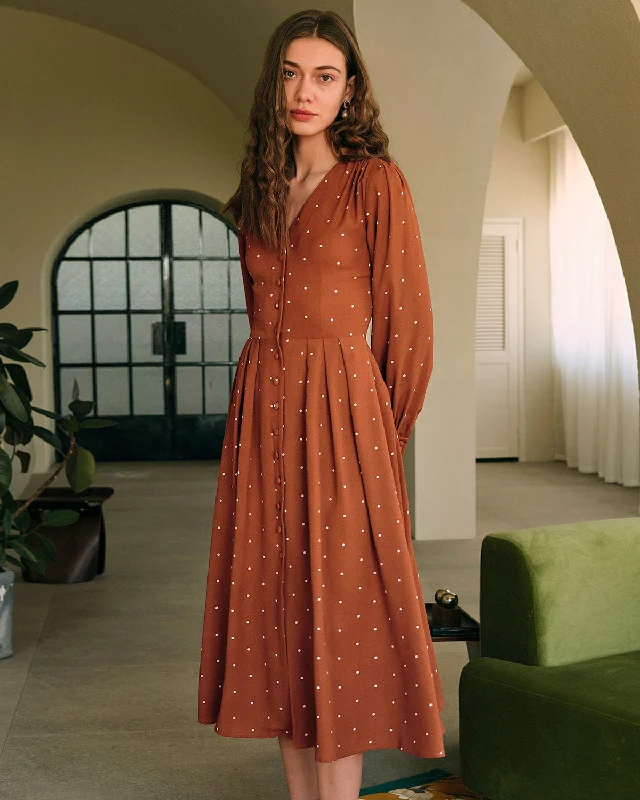 The Best Sale of the Year!Brown Polka Dot Pleated Midi Dress