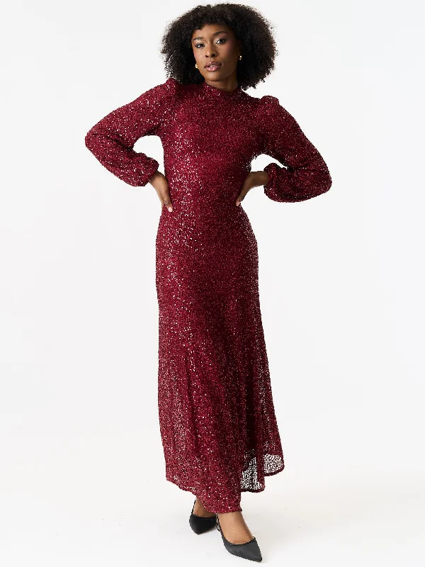 Today Only – Don’t Miss It!Burgundy Sequin High Neck Occasion Midi Dress
