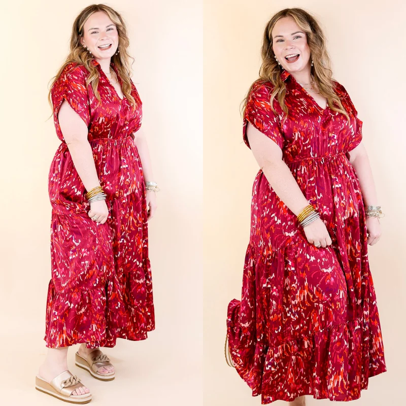 Price Drops You’ll Love!Burnin' Up Multicolor Abstract Midi Dress in Wine Red