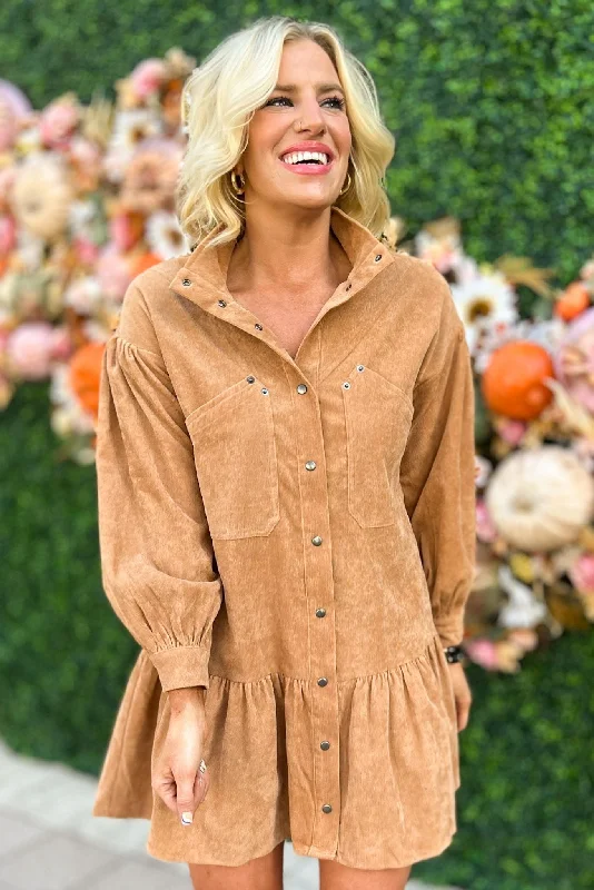 Limited-Time Price Drop!Camel Corduroy Button Down Long Sleeve Dress