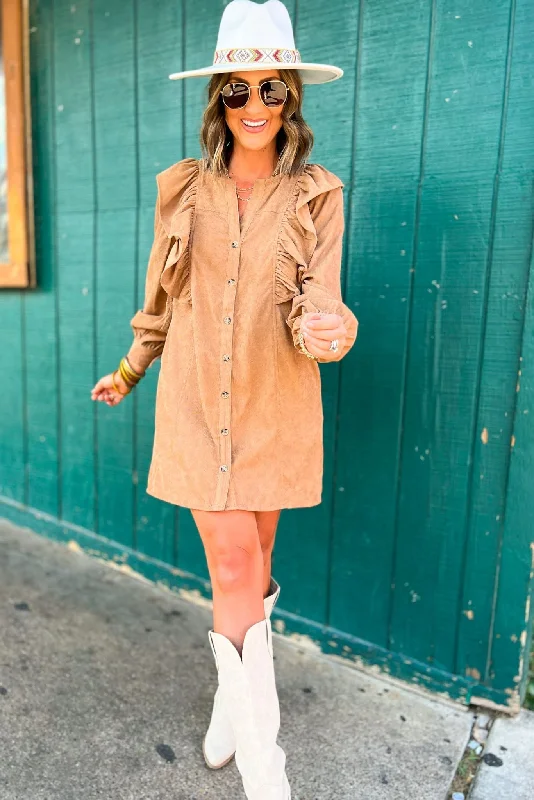 Hurry! While Supplies Last!Camel Corduroy Button Down Ruffle Long Sleeve Dress