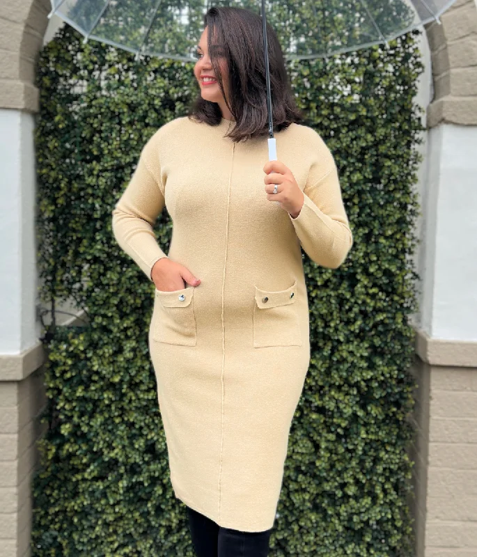 New Discounts Just Dropped!Camel Knitted Midi Pocket Dress