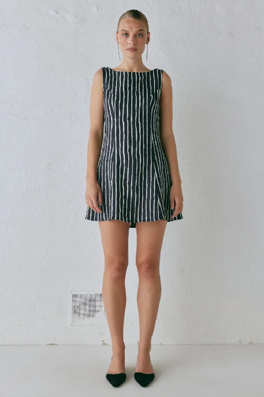 One Click Away from Big Savings!Chloe Linen Mini Dress Black Stripe