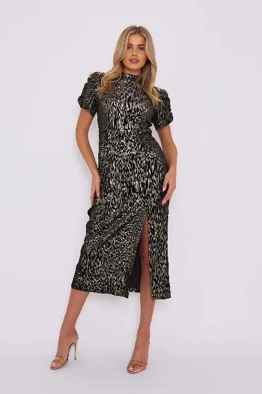 Save More When You Shop More!Black Foil Velour Midi Dress