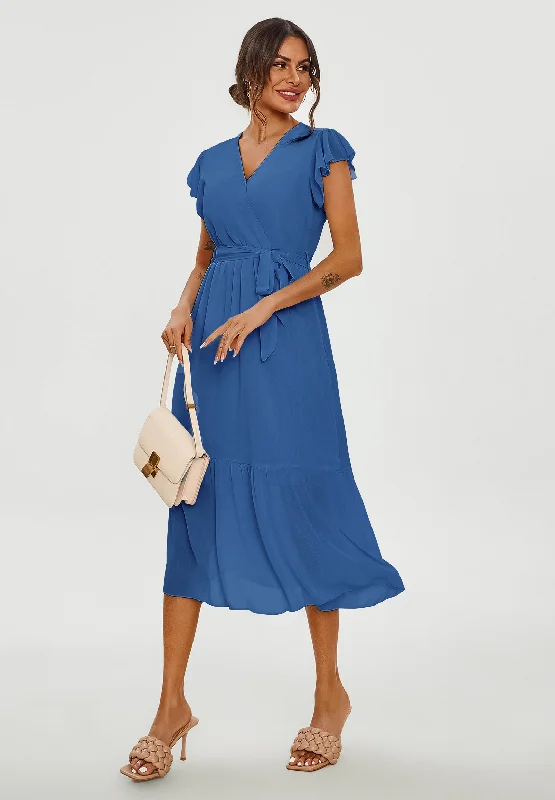 Time to Save Big!Frill Hem Short Sleeve Midi Dress In Blue
