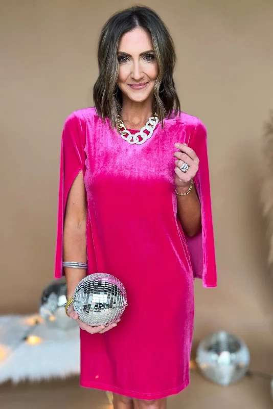 Hurry! While Supplies Last!Fuchsia Velvet Slit Sleeve Shift Dress