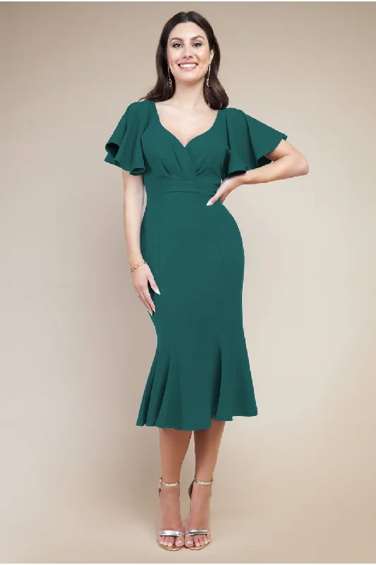 Time to Snag a Bargain!Goddiva Flared Sleeve Front Wrap Midi Dress - Emerald Green