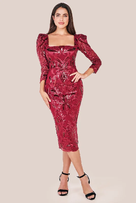 Stock Up and Save!Goddiva Square Neck Scalloped Lace Midi Dress - Wine