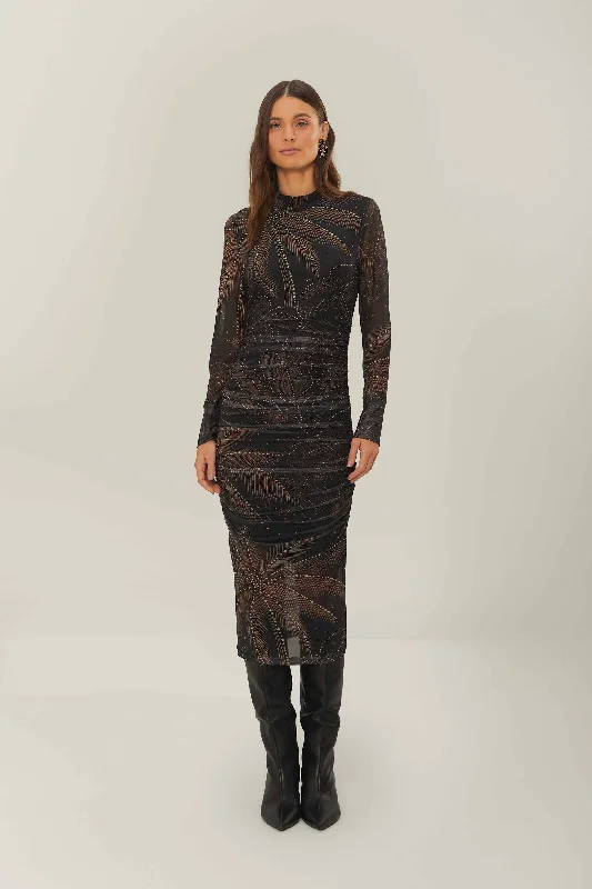 Unlock Huge Savings Now!Black Golden Foliage Tulle Midi Dress