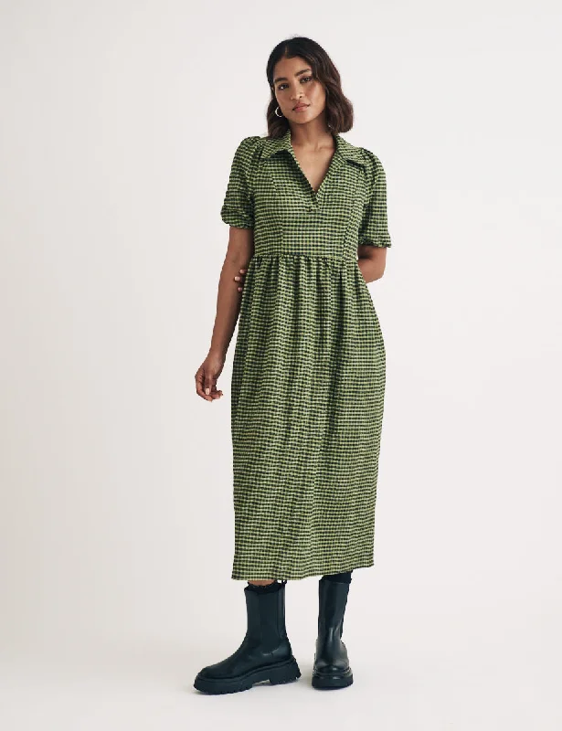 Find Your Perfect Deal Today!Green Check Open Collar Hebe Midi Dress