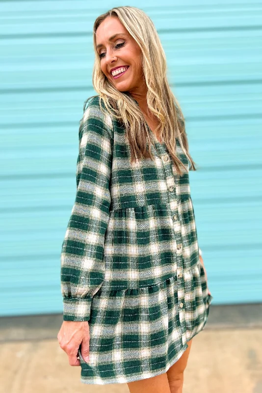 Lowest Prices Guaranteed!Green Plaid Drop Waist Button Down Dress