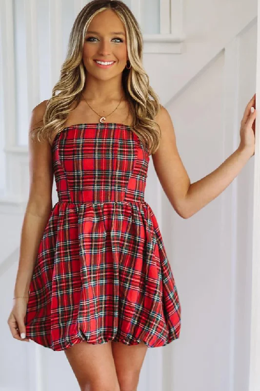 Flash Deals – Act Quickly!Holiday in Style Balloon Mini Dress - Red Plaid