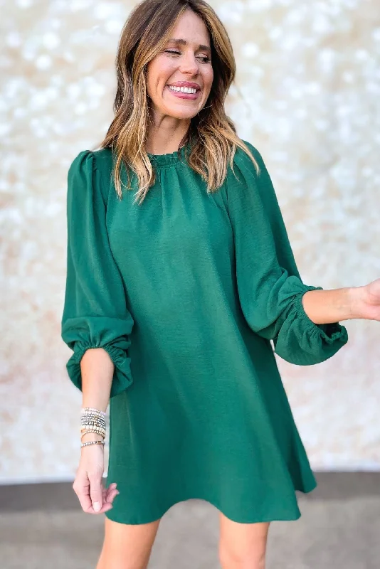 The Best Offers Are Here!Hunter Green Mock Neck Bubble Sleeve Dress