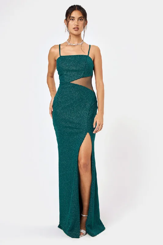 Only a Few Left – Order Now!Hunter Green Side Cut-Out Glitter Gown