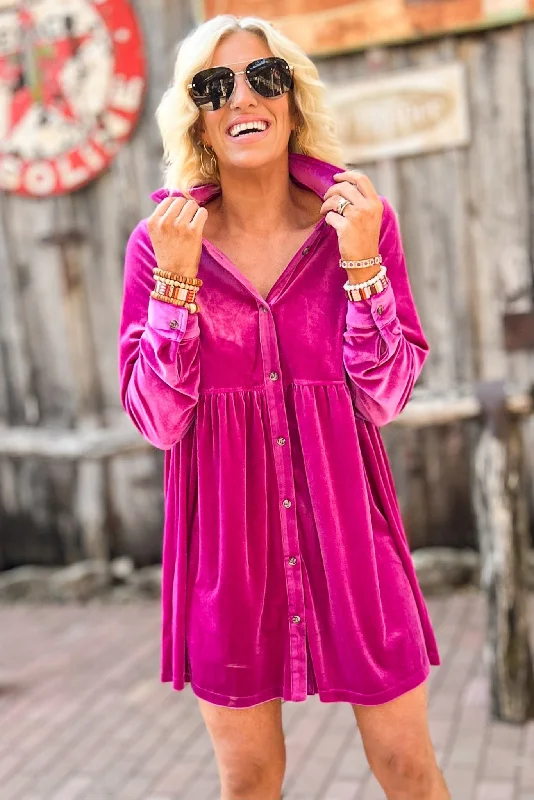 Limited Edition, Limited Price!Magenta Velvet Button Up Long Sleeve Babydoll Dress