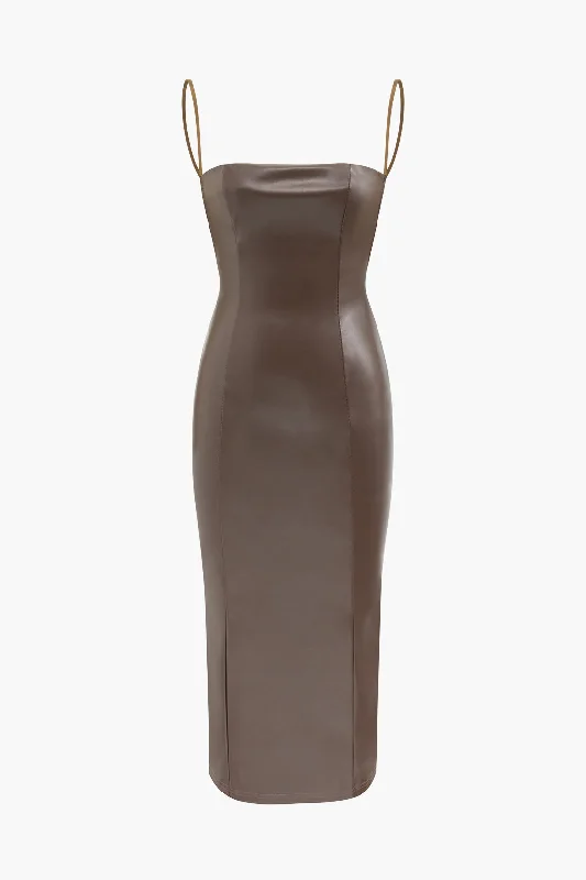 Flash Sale – Act Fast!Faux Leather Low Back Slit Midi Dress