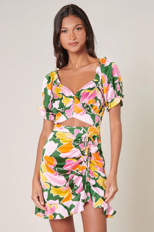 Sale Alert – Get Ready to Shop!Melonade Mendocino Satin Ruched Cutout Mini Dress