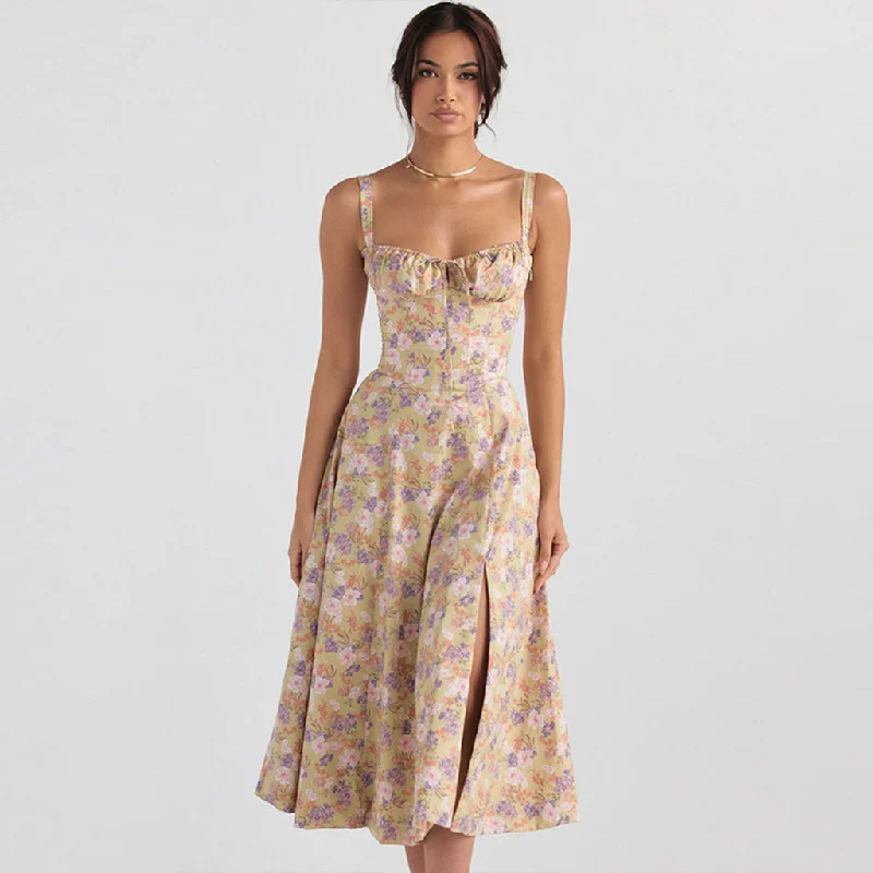 Shop the Hottest Deals!Floral Printed Lace Up Back Tie String Slit Midi Sundress - Green