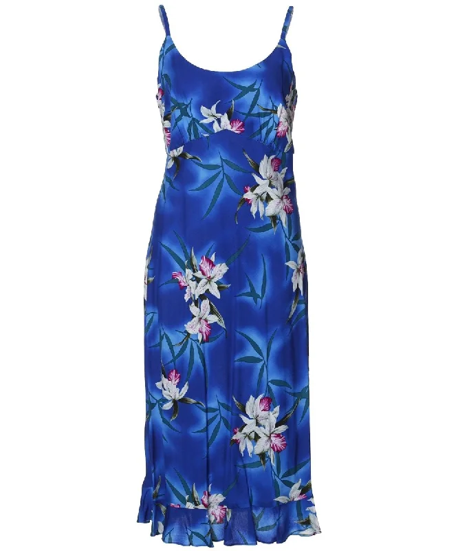 Grab Yours Before It’s Too Late!Midi Hawaiian Slip Dress Midnight Orchid with Spaghetti Straps