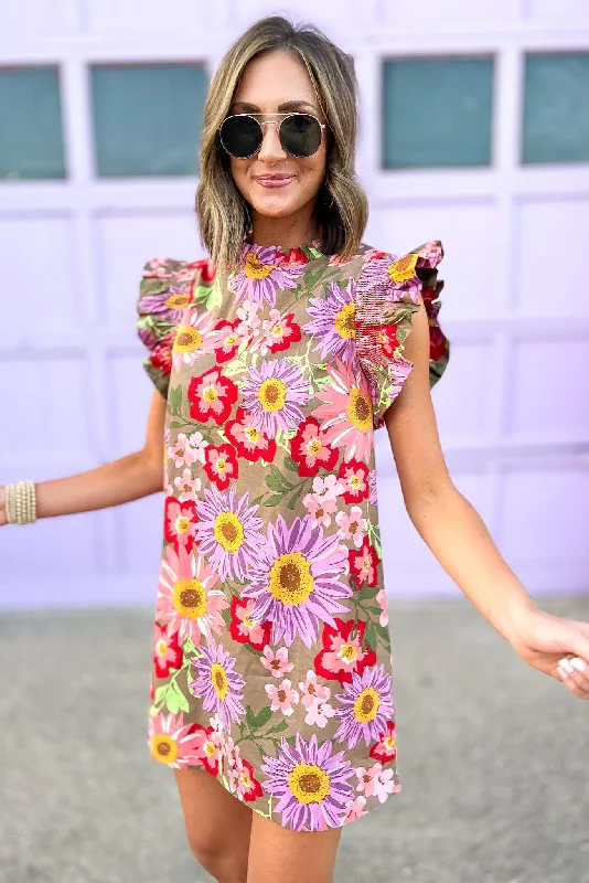 Save More Than Ever!Mocha Floral Smocked Ruffle Cap Sleeve Dress