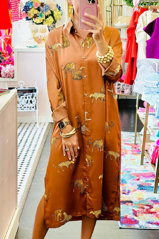 Exclusive Offers You’ll Love!Mustard Cheetah Print Button-Up Split Shirt Dress