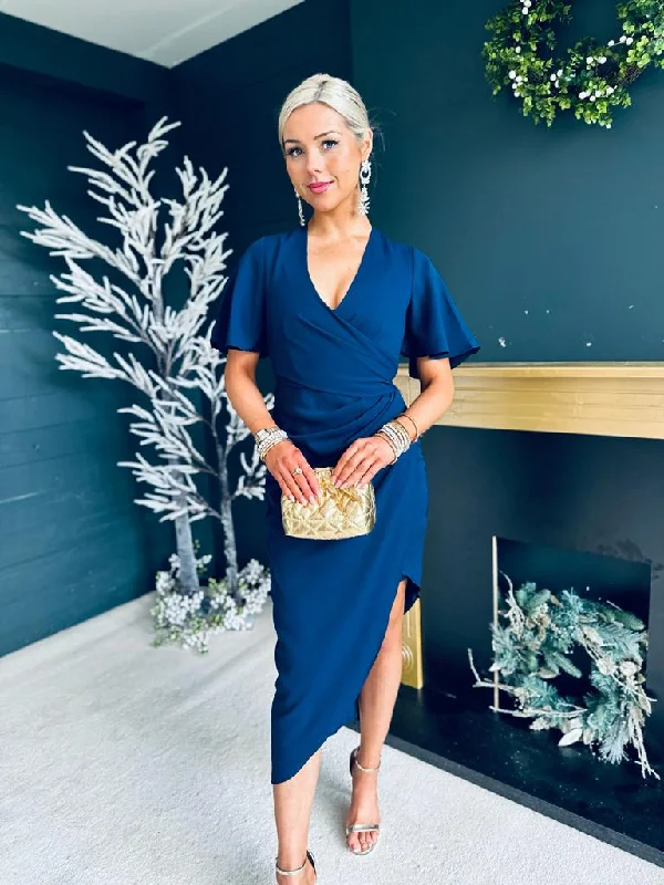 Your Shopping Wish, Our Discount Command!Natasha Angel Sleeve Wrap Midi Dress Navy
