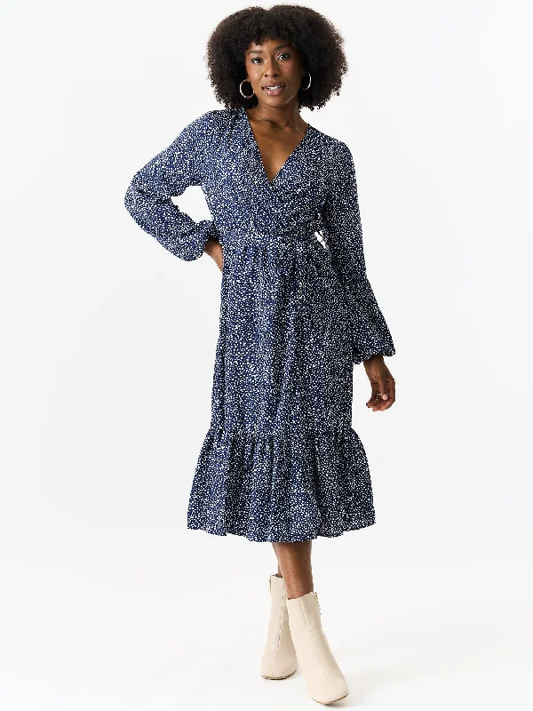 Enjoy Huge Discounts Now!Navy Animal Printed Long Sleeve Split Detail Midi Wrap Dress