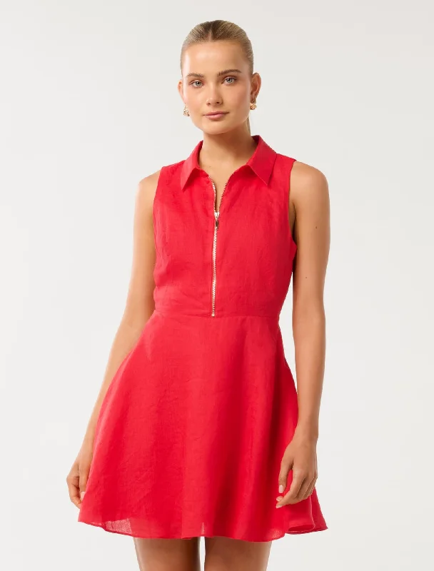 Massive Price Cuts!Nina Zip Front Collar Linen Mini Dress