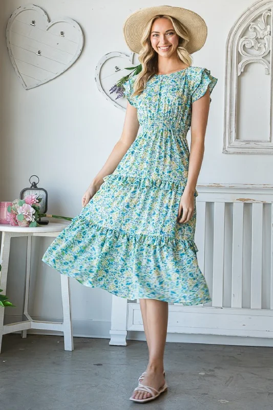 Amazing Prices You Can’t Resist!Floral Ruffle Trim Tiered Midi Dress